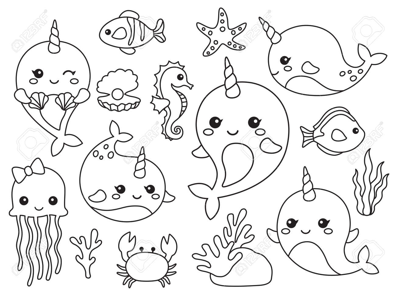 Cute outline narwhal and other sea animals vector illustration with live stroke royalty free svg cliparts vectors and stock illustration image