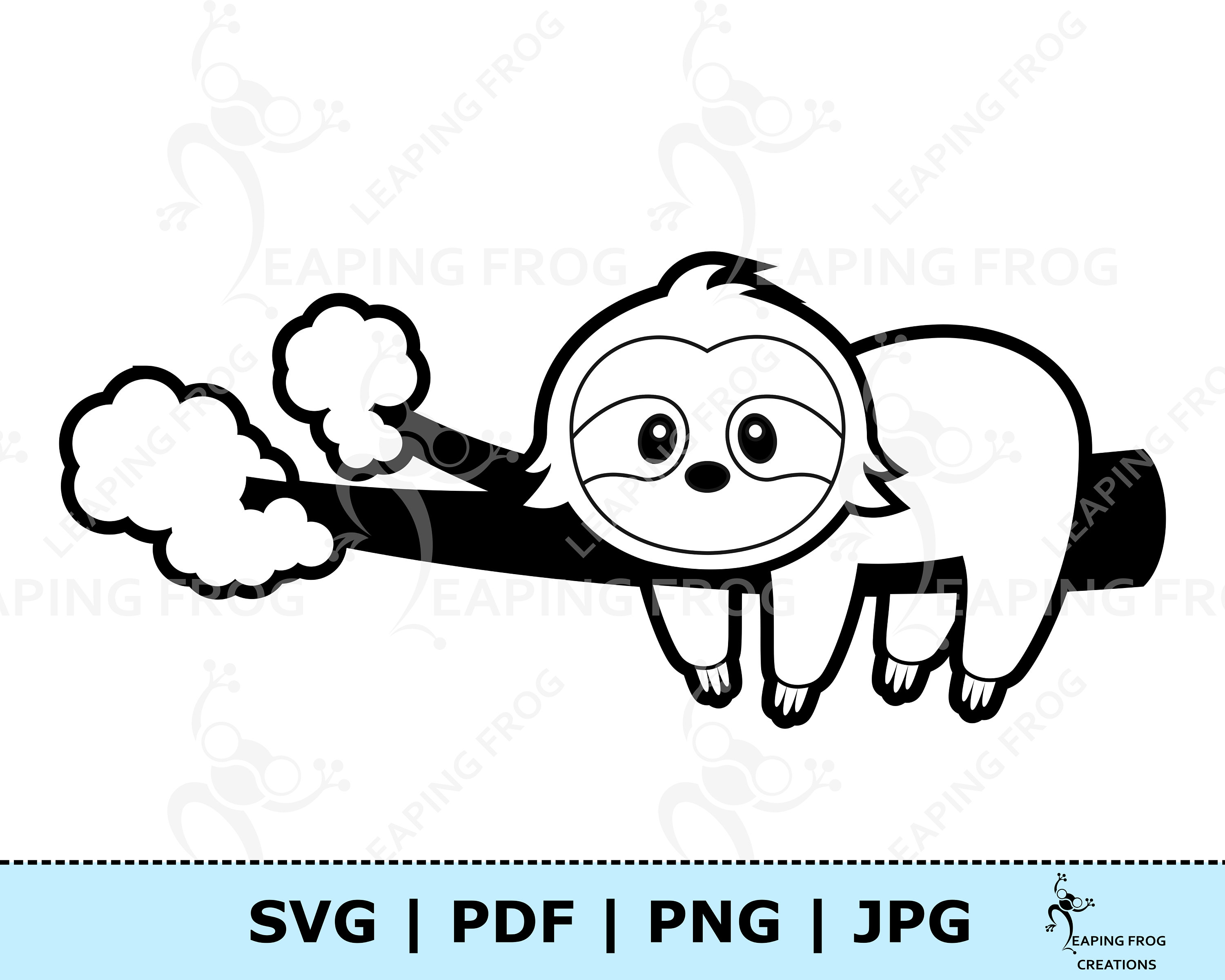 Cute sloth coloring page jpg svg png pdf babysloth clipart digital download vector black and white outline coloring book page