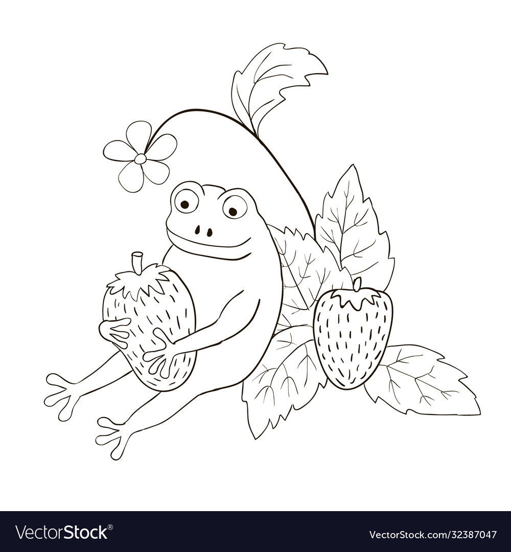 Cute frog holds strawberries coloring page vector image