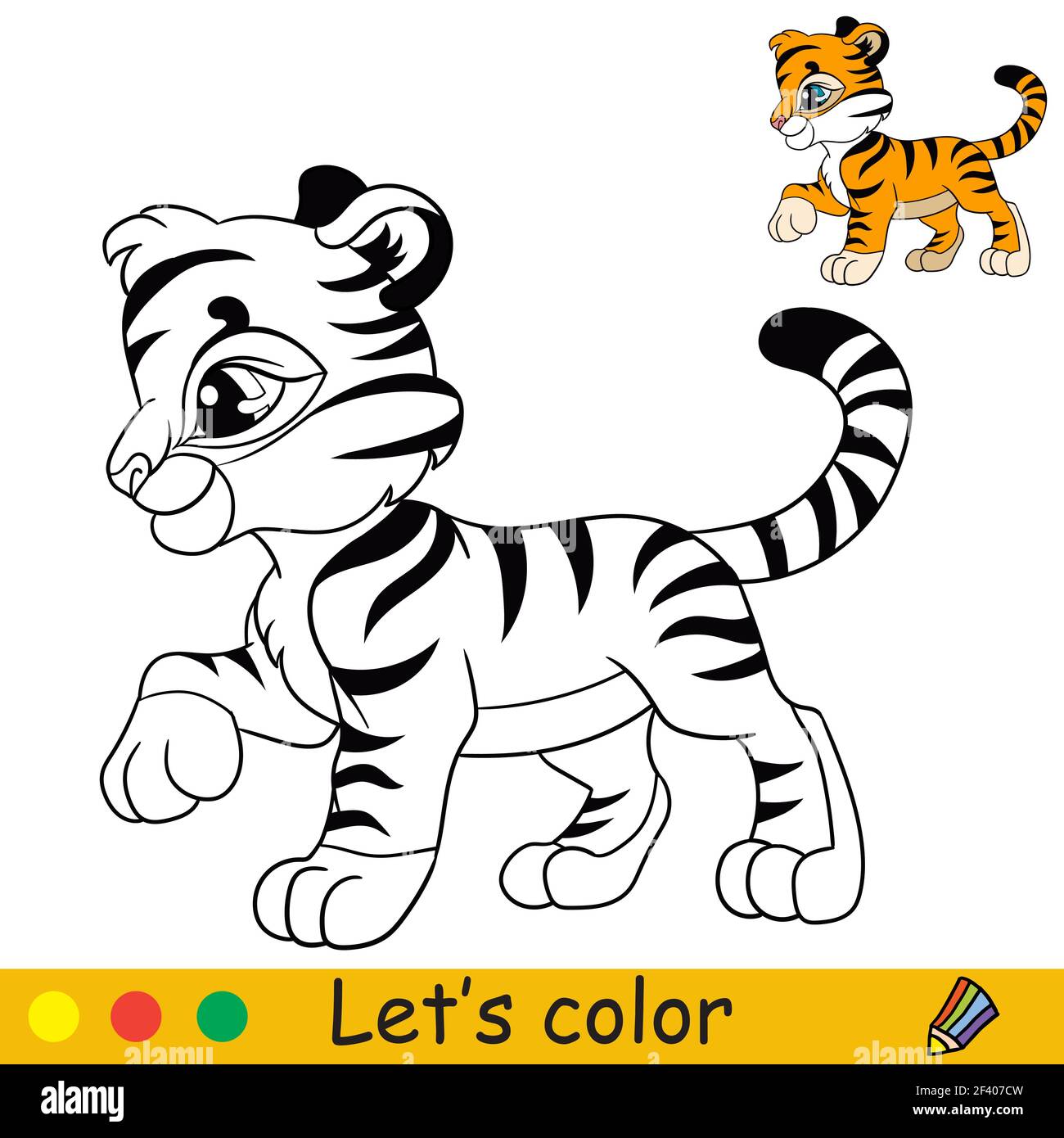 Cute tiger in profile cartoon character tiger coloring book page with colorful template vector contour isolated illustration for coloring book pr stock vector image art