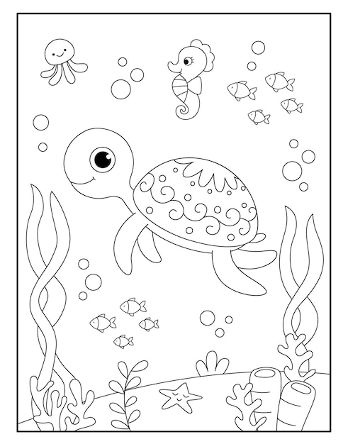 Premium vector cute turtle coloring page for kids