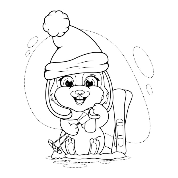 Premium vector coloring page cute winter bunny with skis