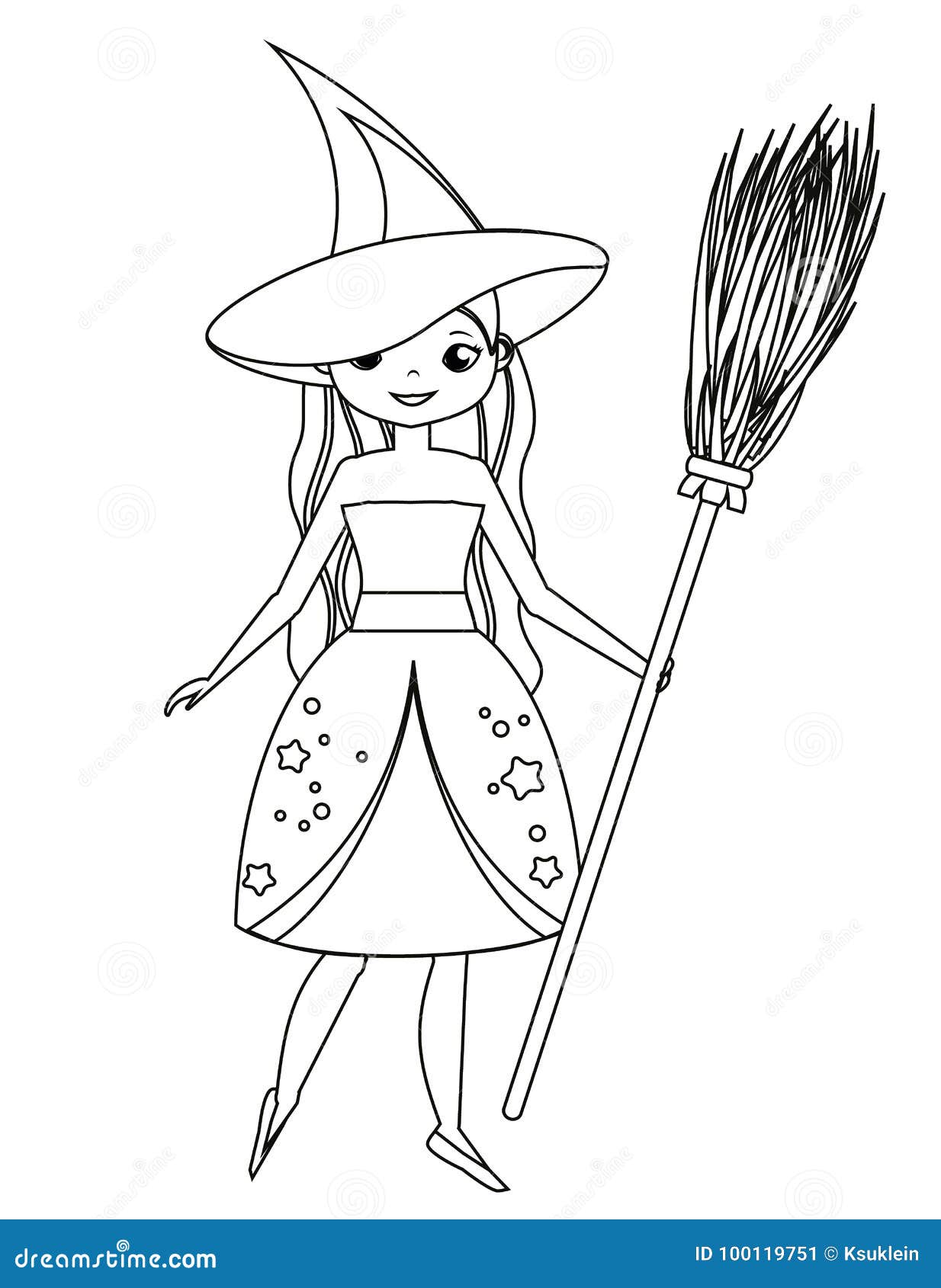 Coloring page for children cute witch holding broom girl in halloween costume drawing kids activity stock vector