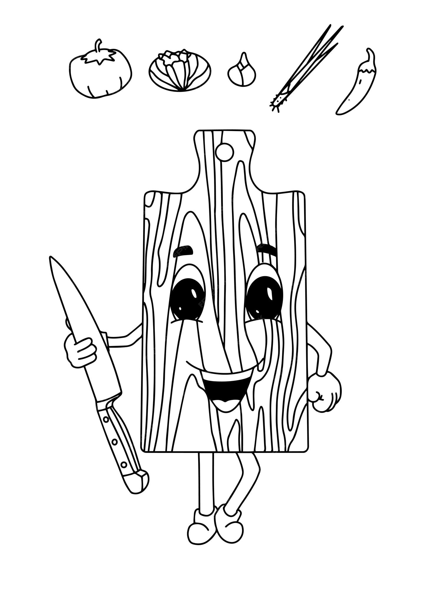 Premium vector children coloring book cute cutting board vegetables illustration
