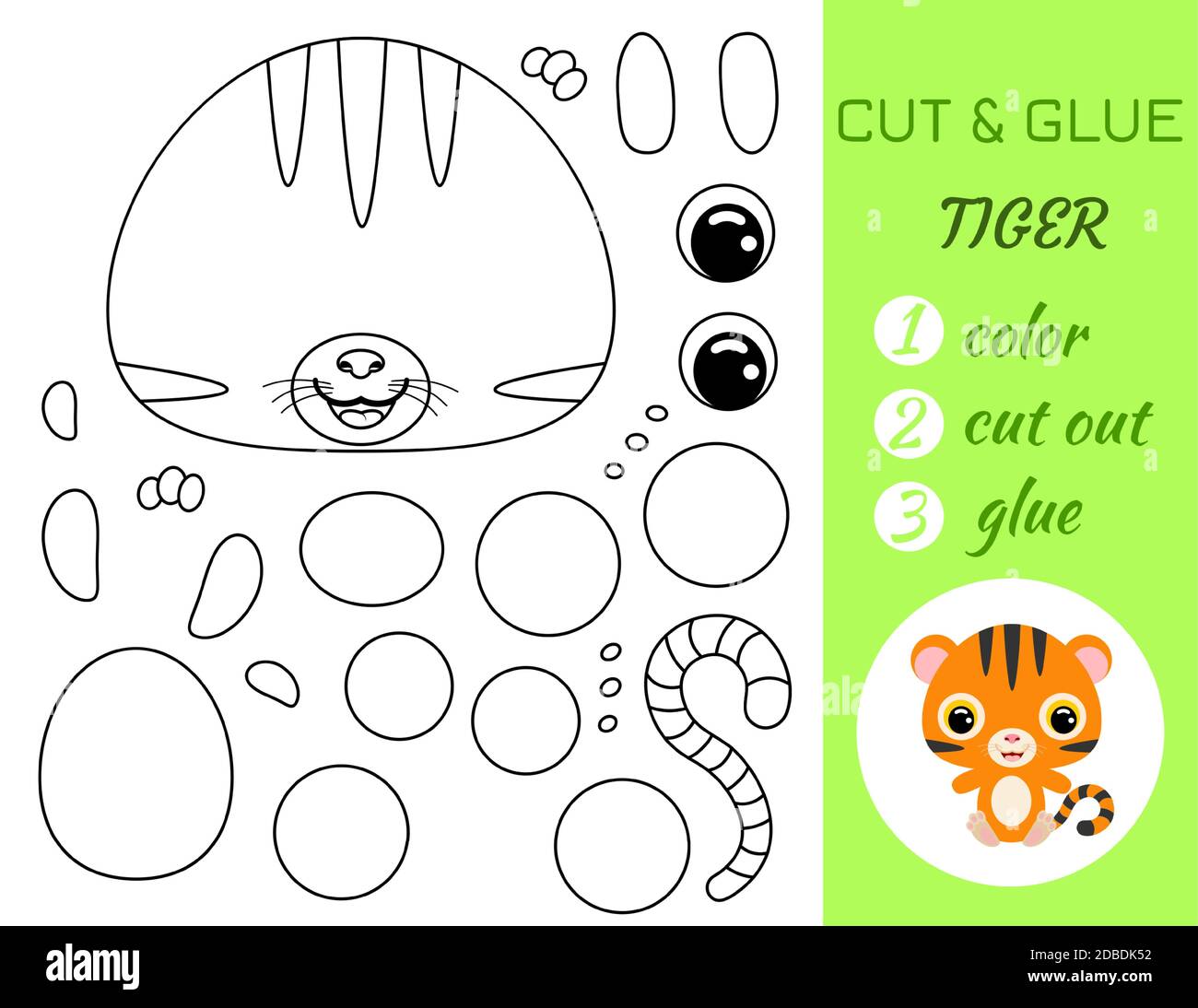 Simple educational game coloring page cut and glue sitting baby tiger for kids educational paper game for preschool children color cut parts and gl stock vector image art