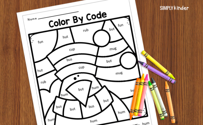 Free winter color by code worksheets cvc words
