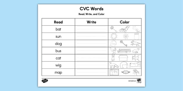 Cvc words read write and color activity teacher
