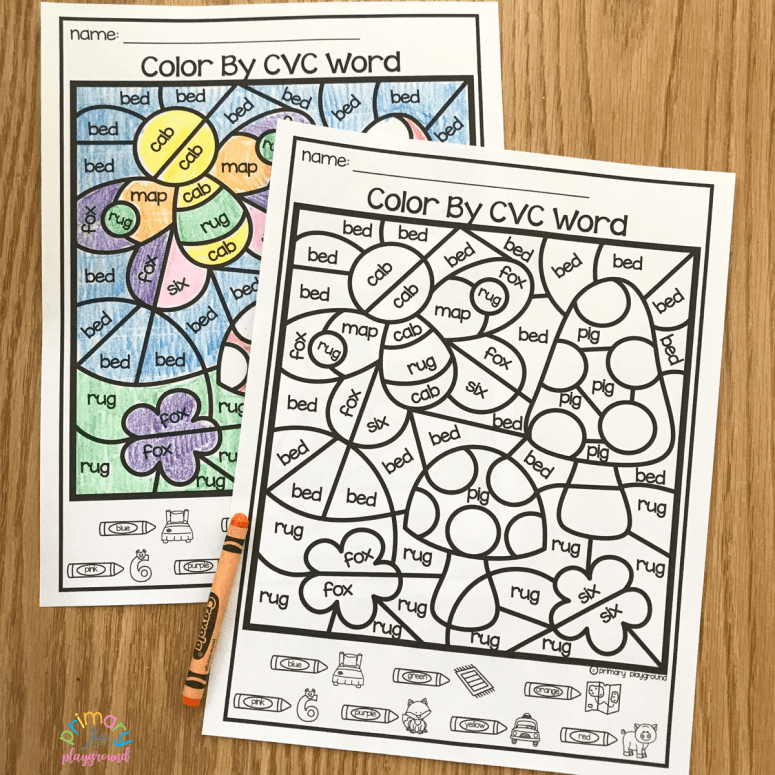 Free printable color by code cvc words