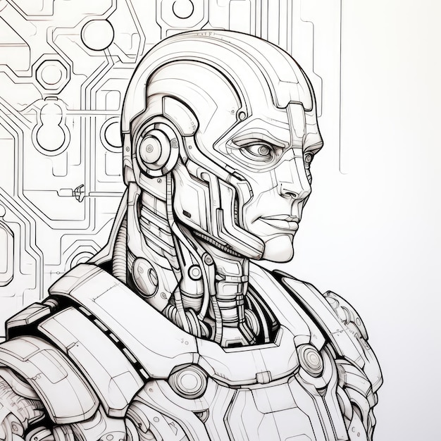 Premium ai image black and white coloring picture of a cyborg