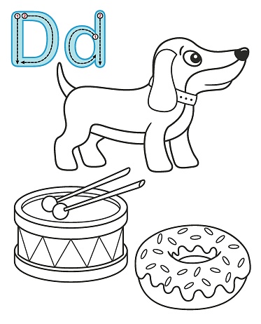 Letter d dog drum donut vector coloring book alphabet printable coloring page for kindergarten and preschool stock illustration