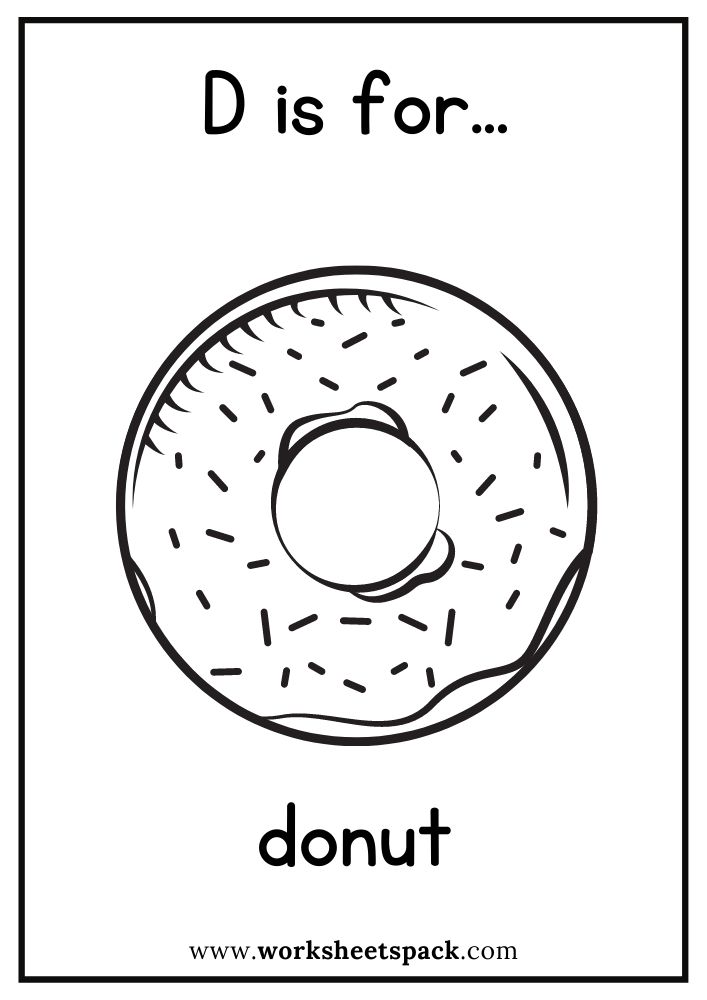 D is for donut coloring page free donut flashcard for kindergarten