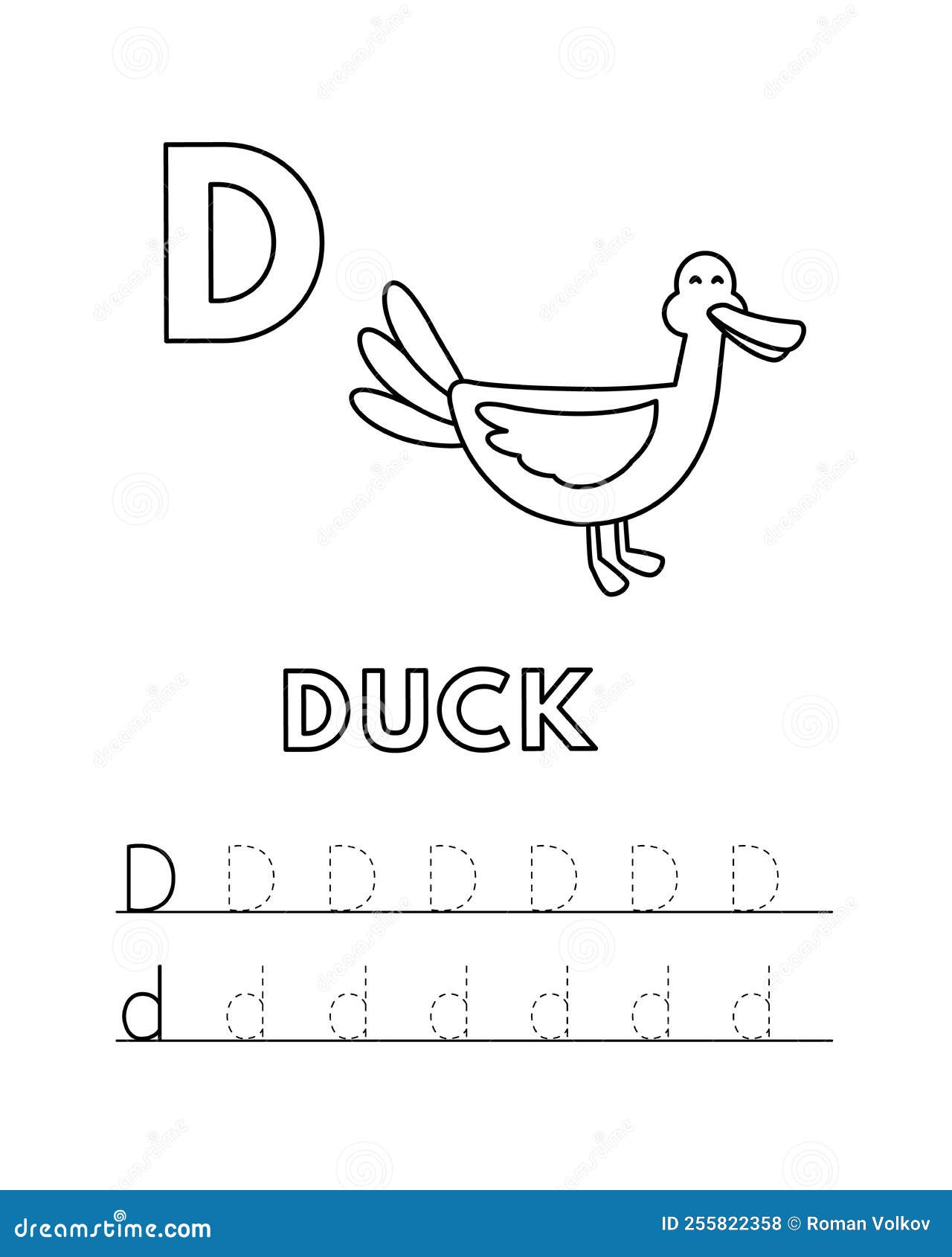 Vector cute cartoon animals alphabet and tracing practice letter d duck coloring pages stock vector