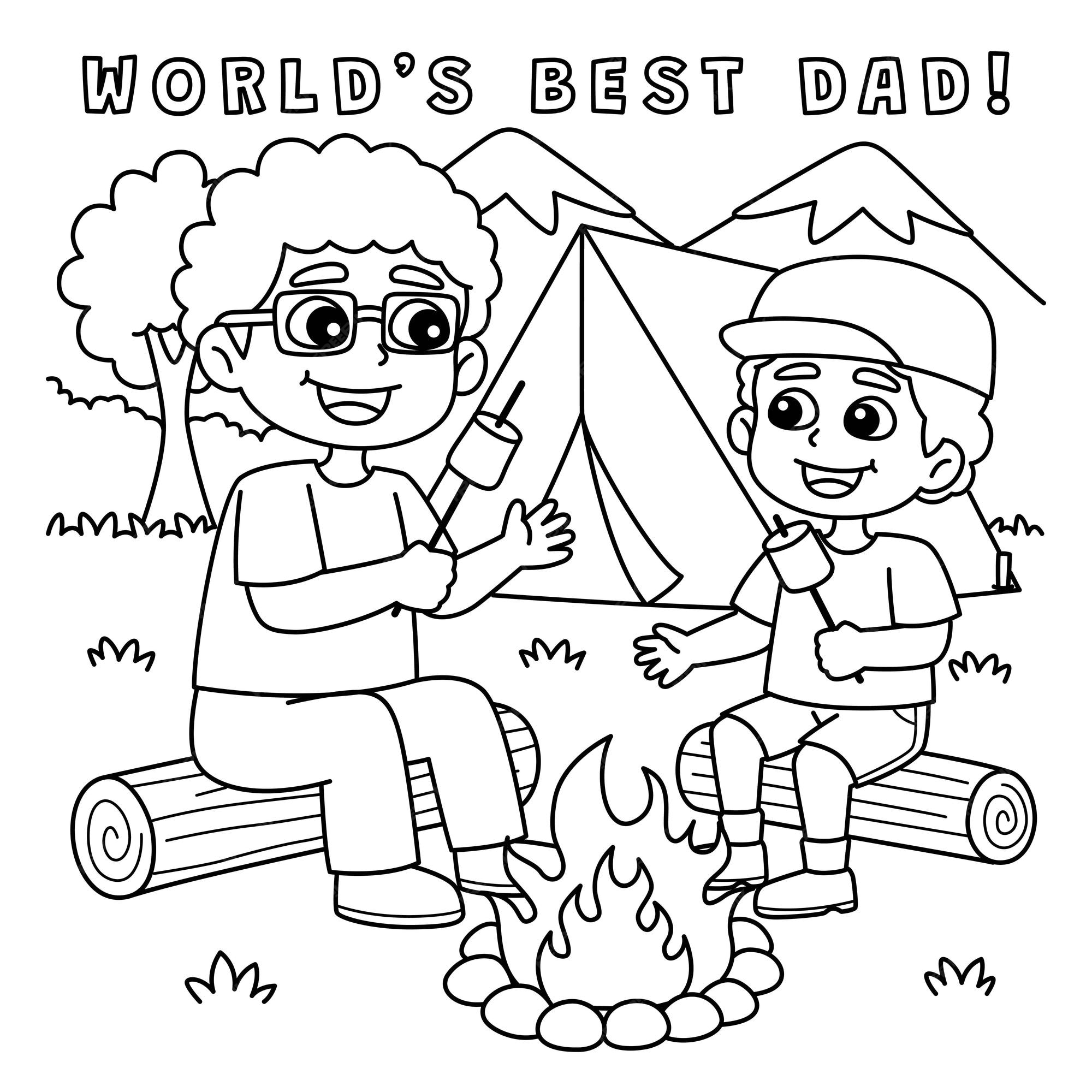 Premium vector father and son camping coloring page for kids
