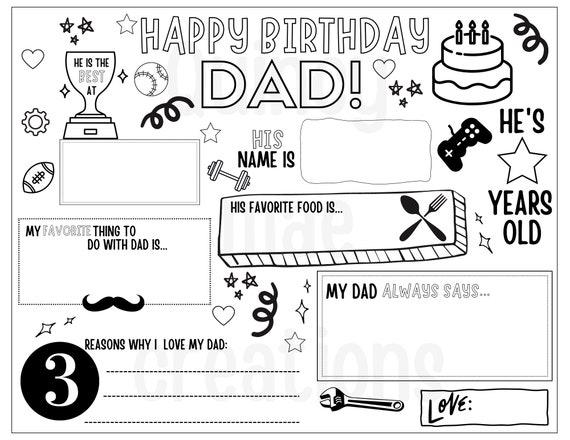 Happy birthday dad coloring page printable all about dad fill in template fathers birthday activity dads birthday printable for kids download now