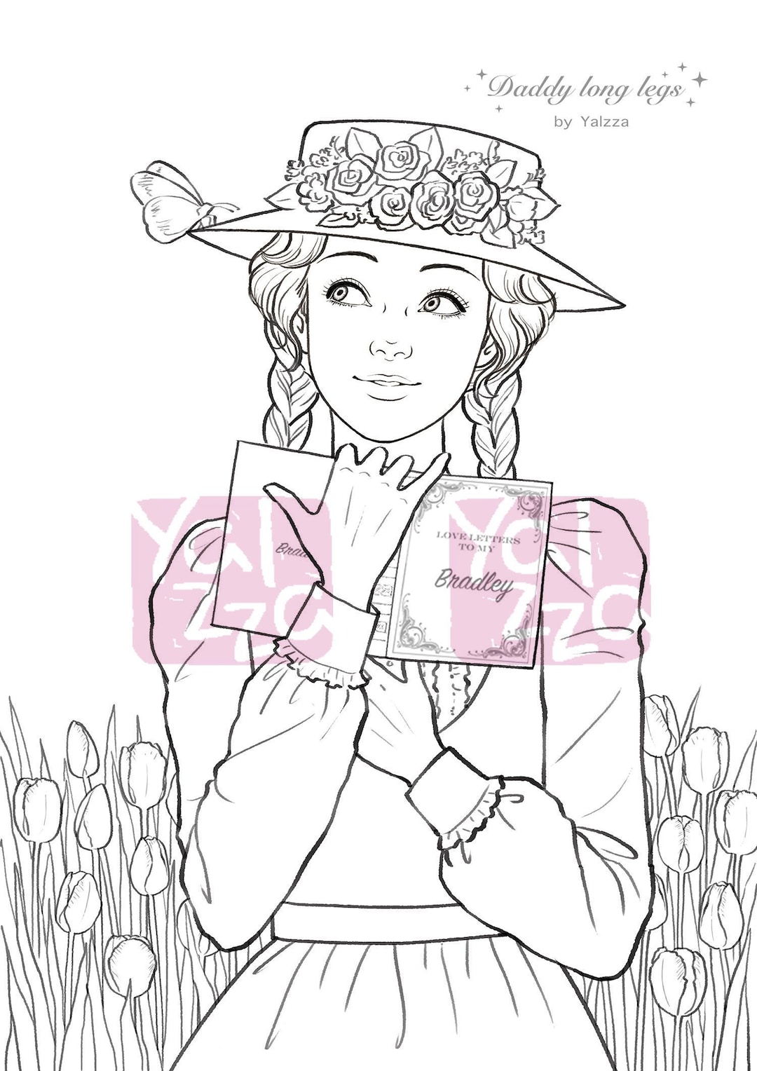 Judy in daddy long legs line sketch adult colouring page