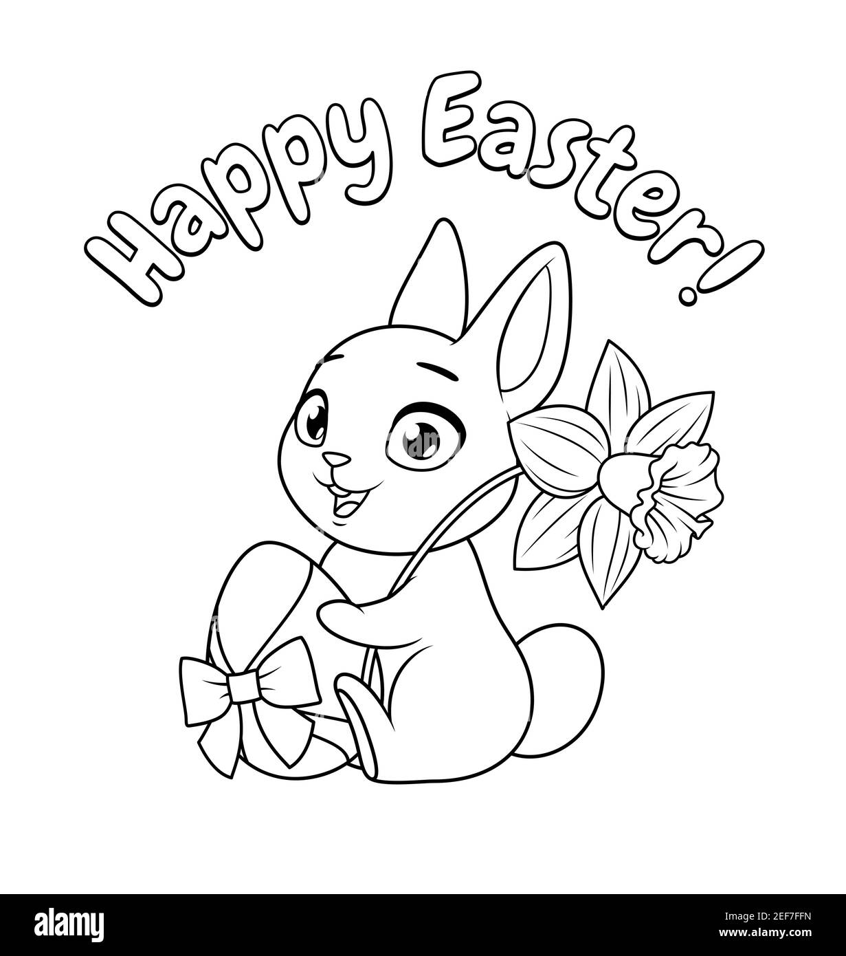 Cute bunny holding egg and daffodil happy easter greeting cartoon vector coloring page stock vector image art