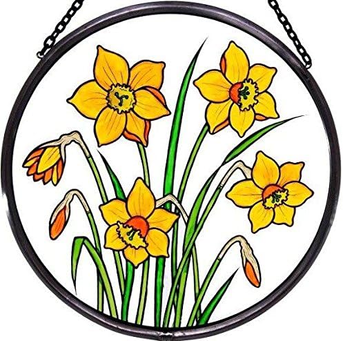 Decorative hand printed stained glass window sun catcherroundel in a daffodils design home kitchen