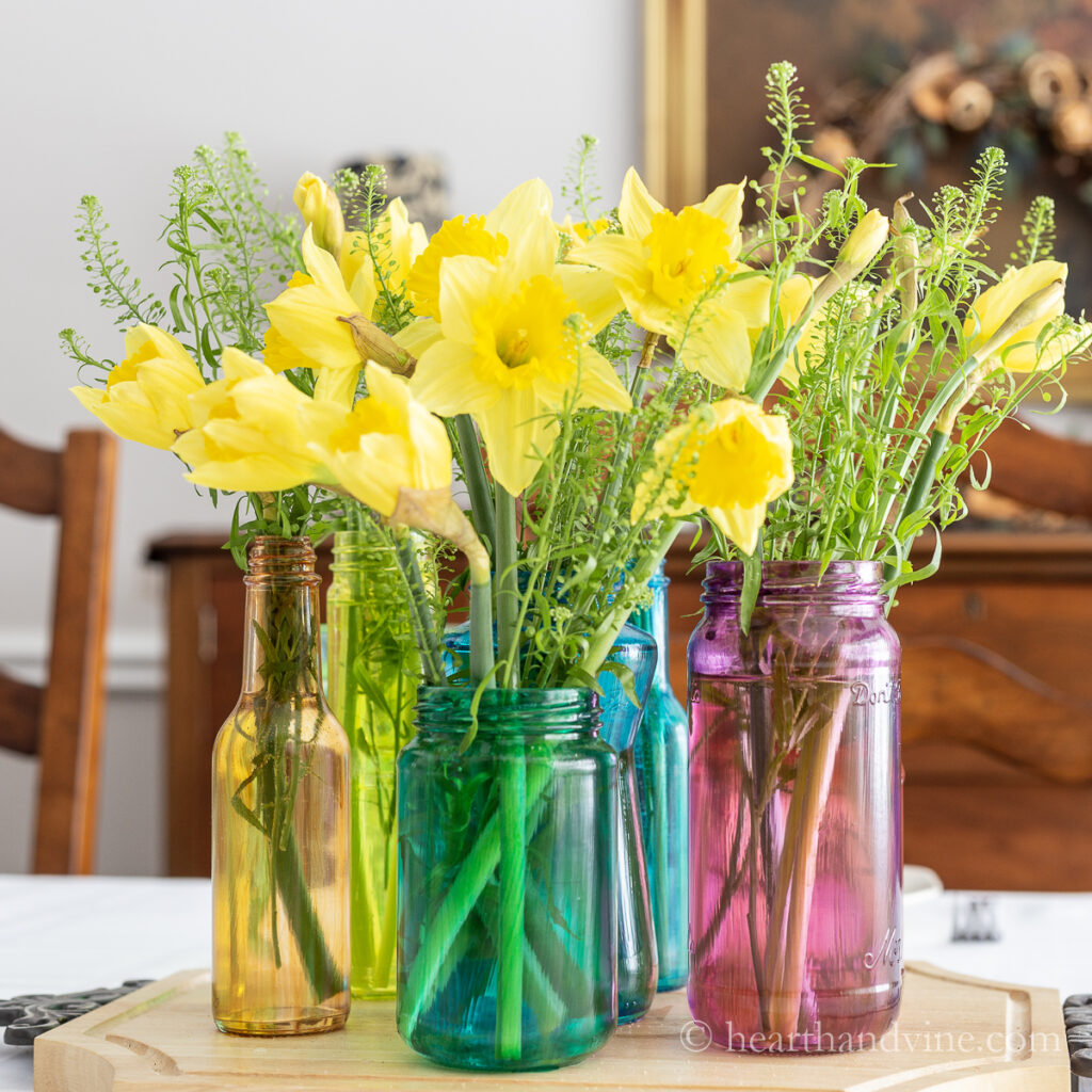 Tinted glass jars for a beautiful centerpiece hearth and vine