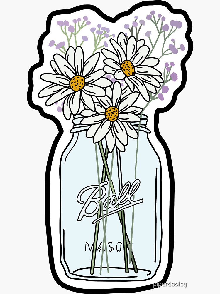 Daisies and purple flowers in mason jar sticker for sale by piperdooley