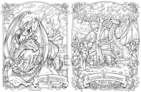 Lap dragon apple harvest adult coloring pages herb leonhard digital coloring pages instant pdf download printable color