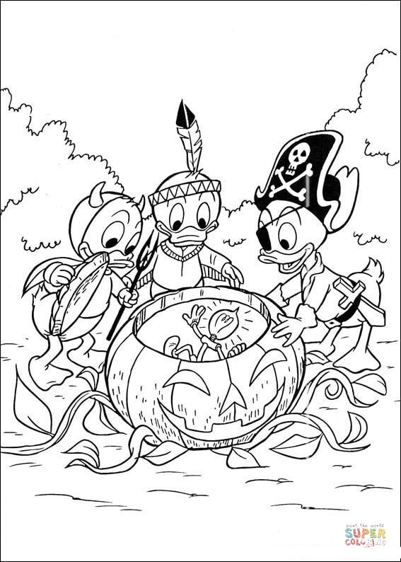 Louie dewey and huey are celebrating halloween coloring page free printable coloring pages