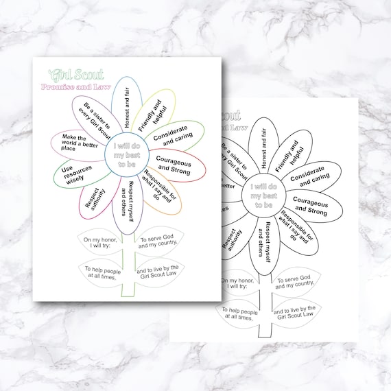 Girl scout daisy petals chart promise and law coloring pages daisy girl scout daisy petals troop handout activity letter size