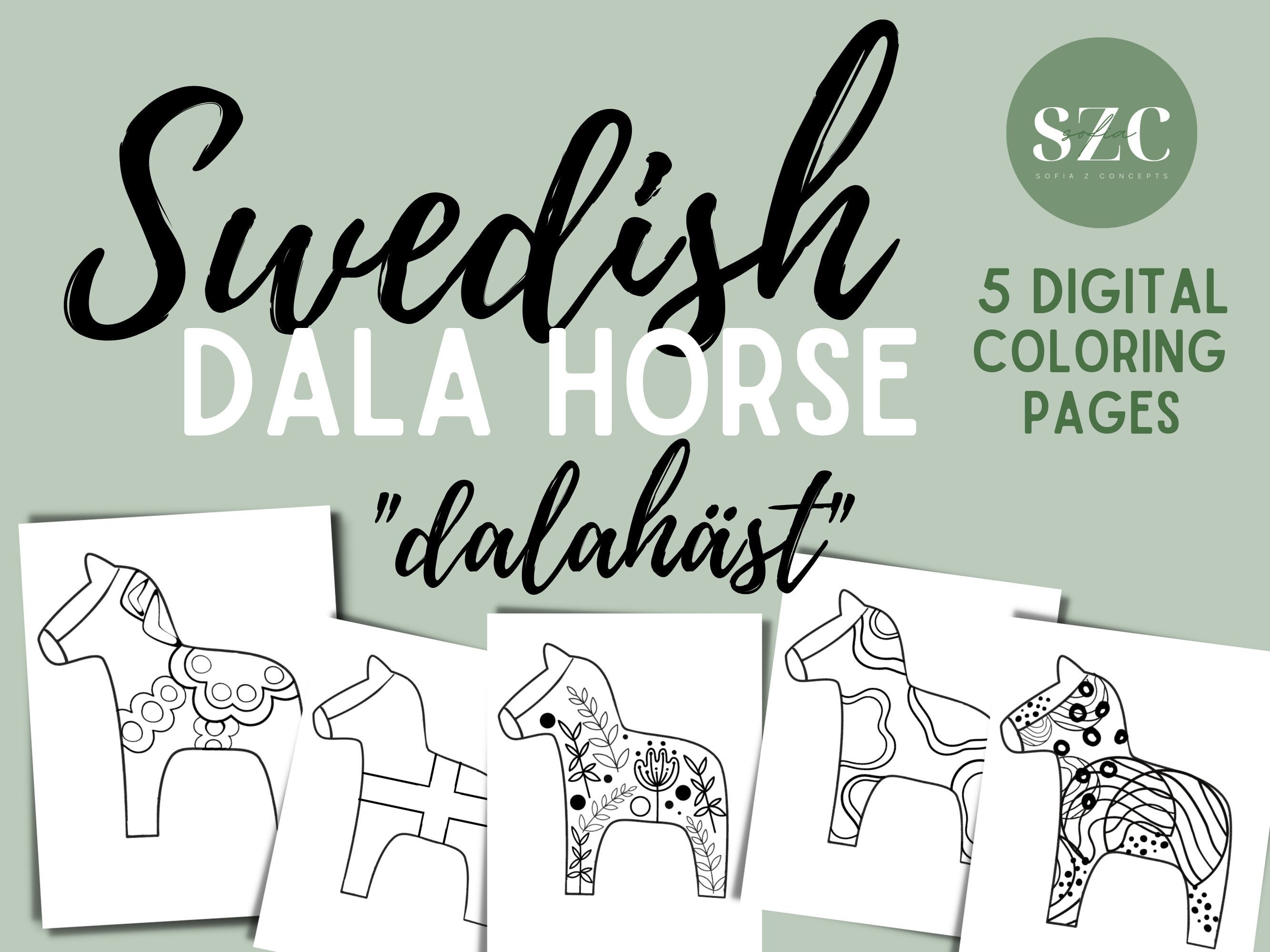 Printable coloring pages dala horse designs digital download instant download