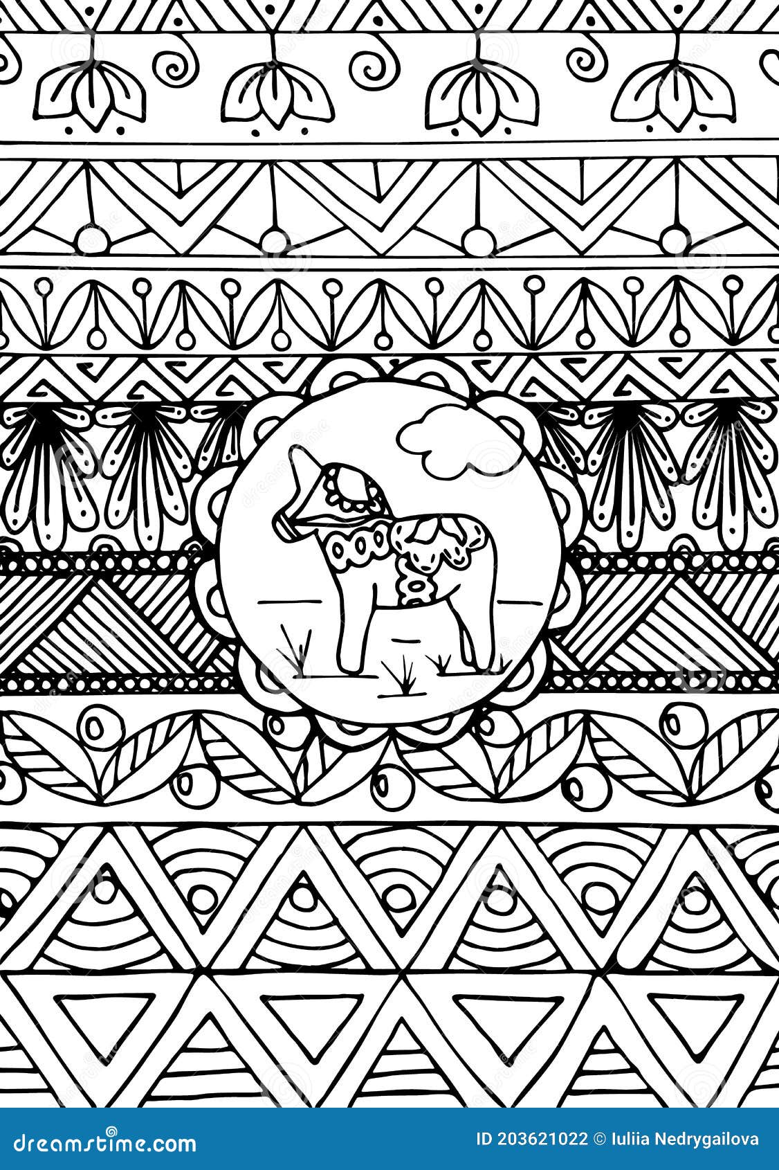 Swedish traditional dala horse and different ornaments greeting card or coloring book black and white vector stock vector