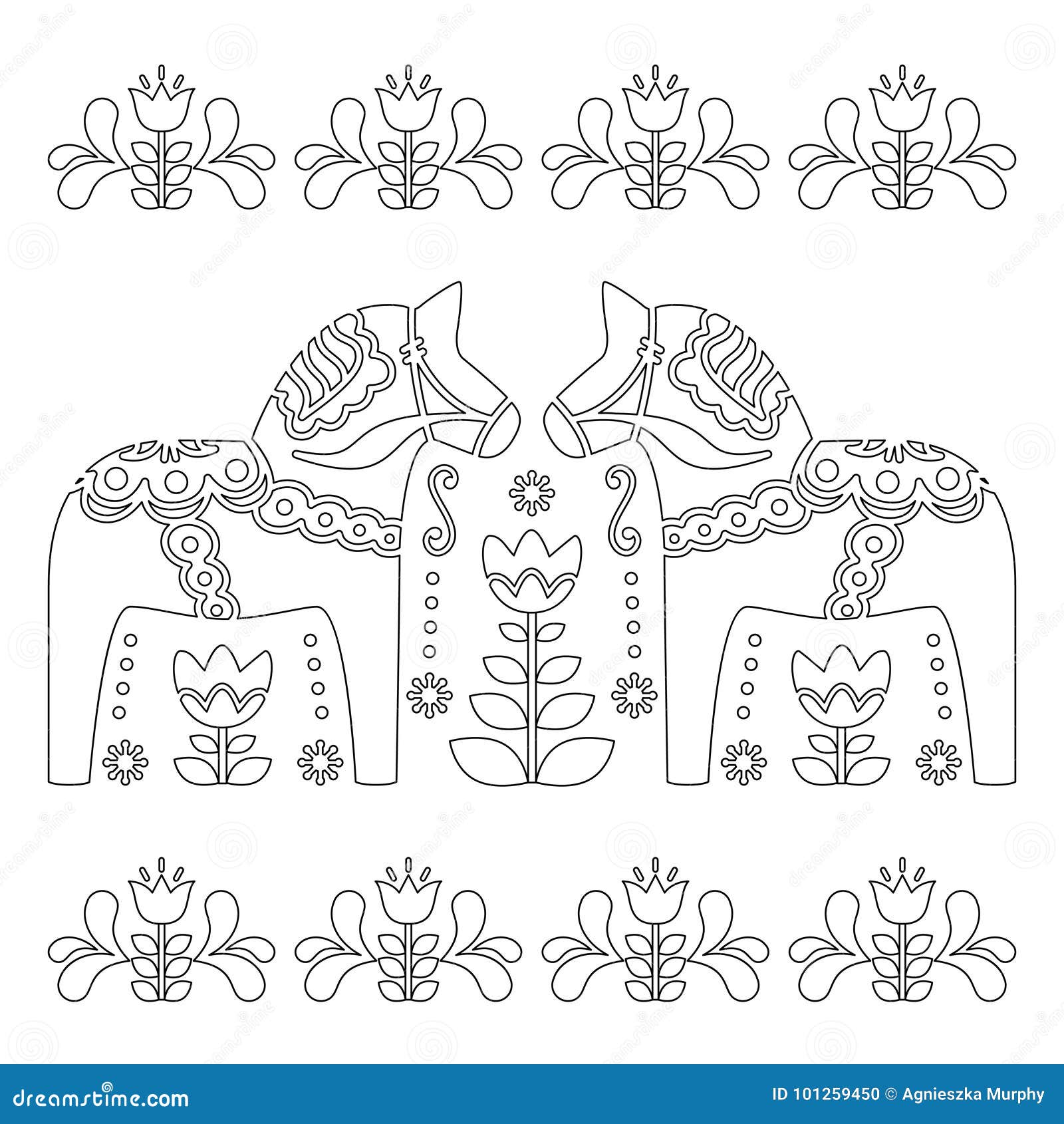 Scandinavian outline vector design swedish dala or dalecarlian horse pattern coloring book for adults stock vector