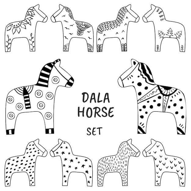 Premium vector dala horses set ink hand drawn sketch of traditional swedish dalarna horse scandinavian style minimalistic outline for cards tourism related design