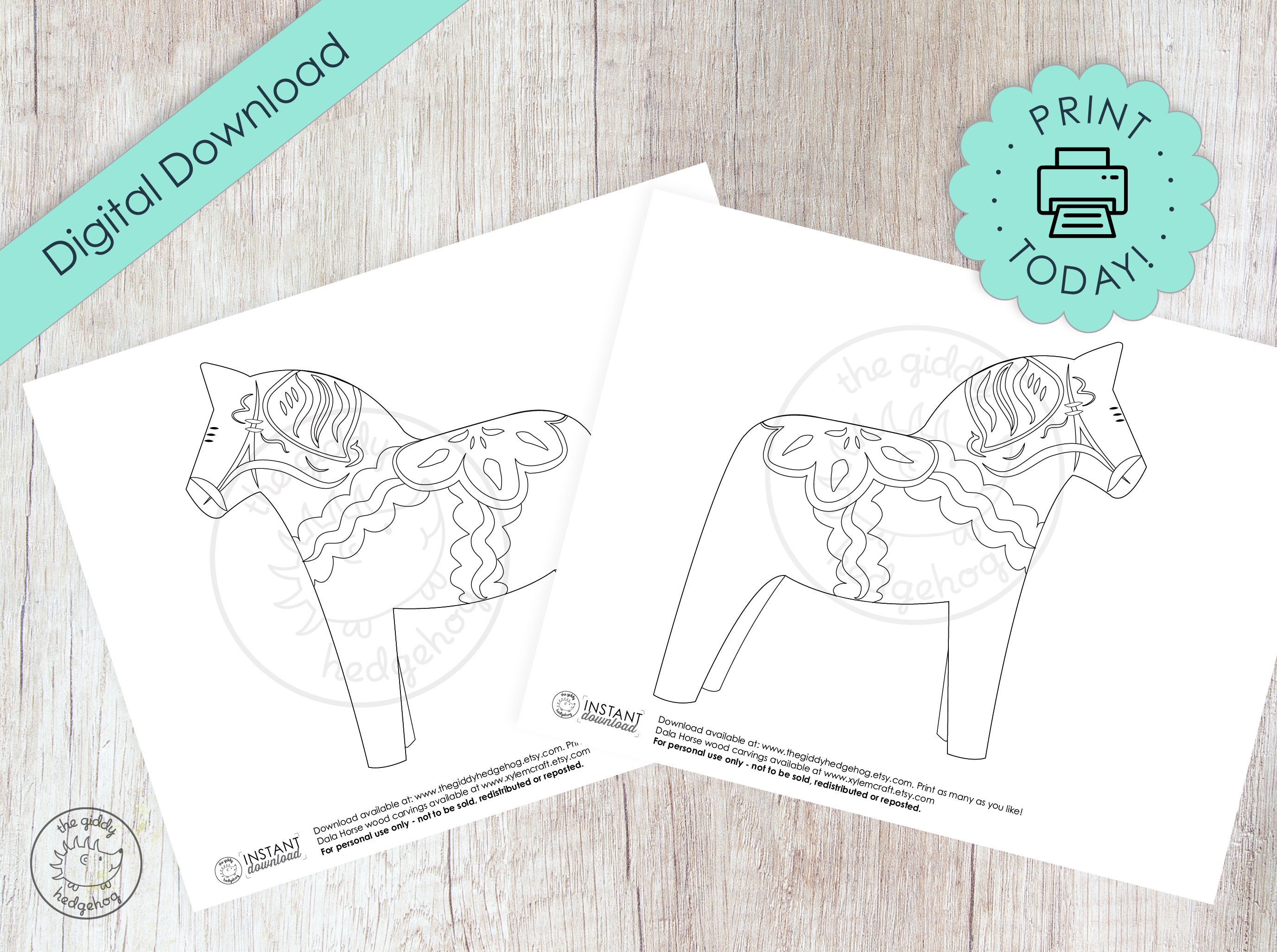 Diy printable dala horse coloring book page craft illustration swedish kids black white dalahorse pattern instant download printables