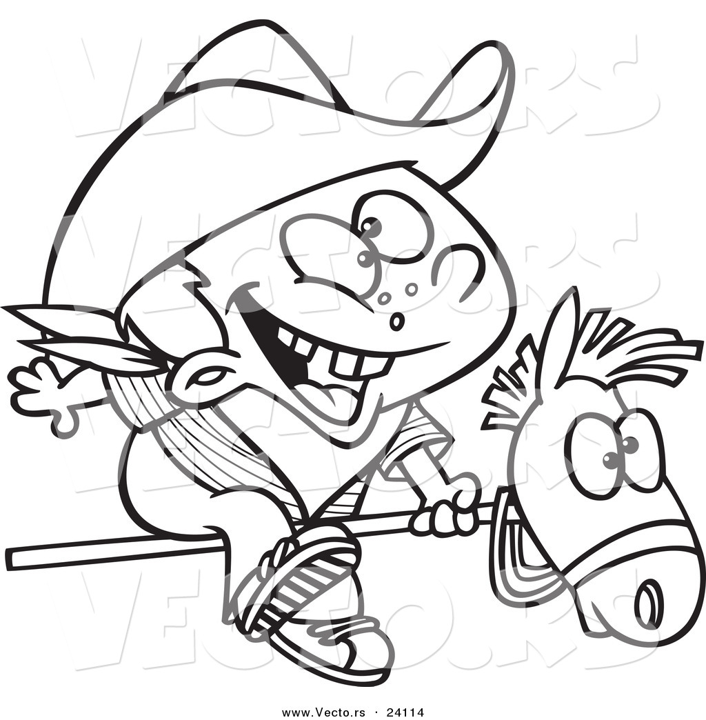 R of a cartoon kid cowboy riding a stick pony