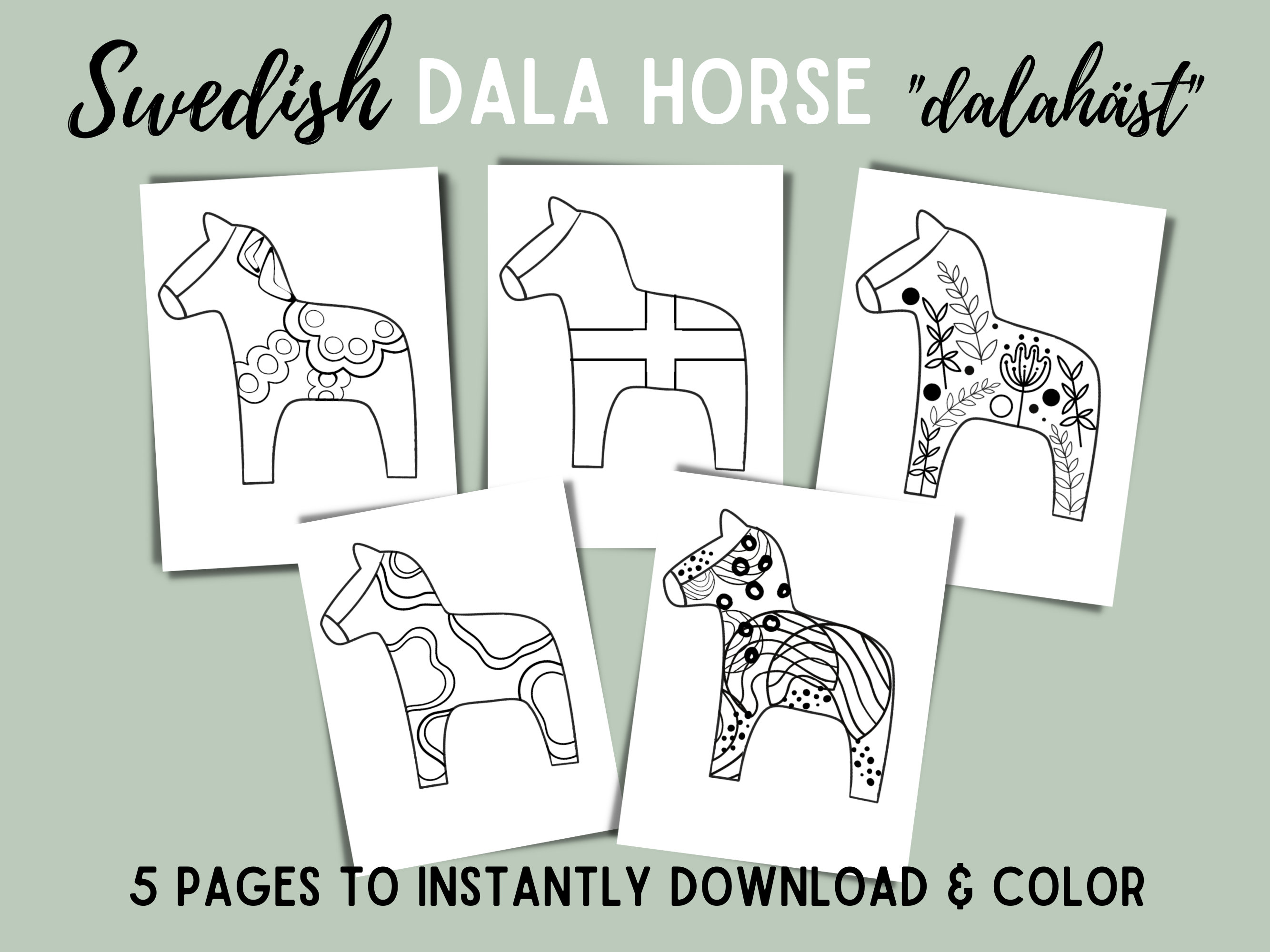 Printable coloring pages dala horse designs digital download instant download