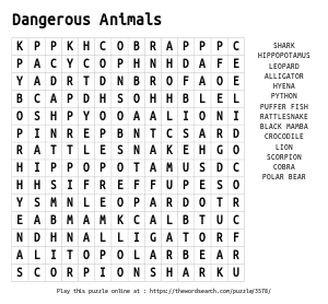 Dangerous animals word search