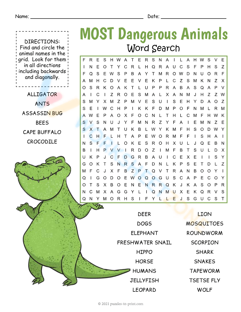 Most dangerous animals worksheet