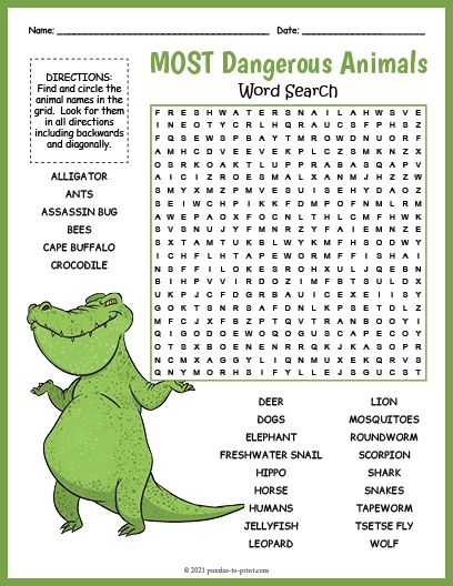 Free printable most dangerous animals word search word puzzles for kids free printable word searches kids word search
