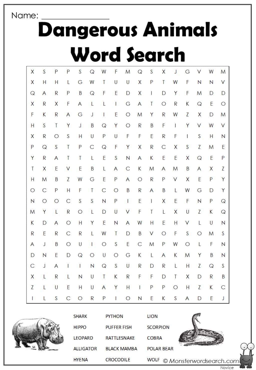 Dangerous animals word search