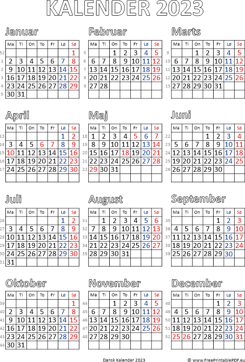 Kalender med danske helligdage gratis printable pdf