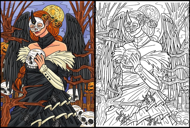 Premium vector this coloring page shows a halloween dark angel one side of this illustration is colored and serves as an inspiration for children