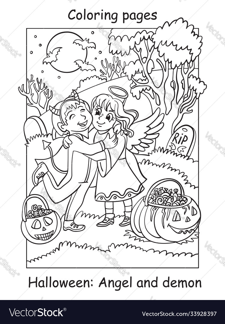 Coloring halloween cute angel and demon hug vector image