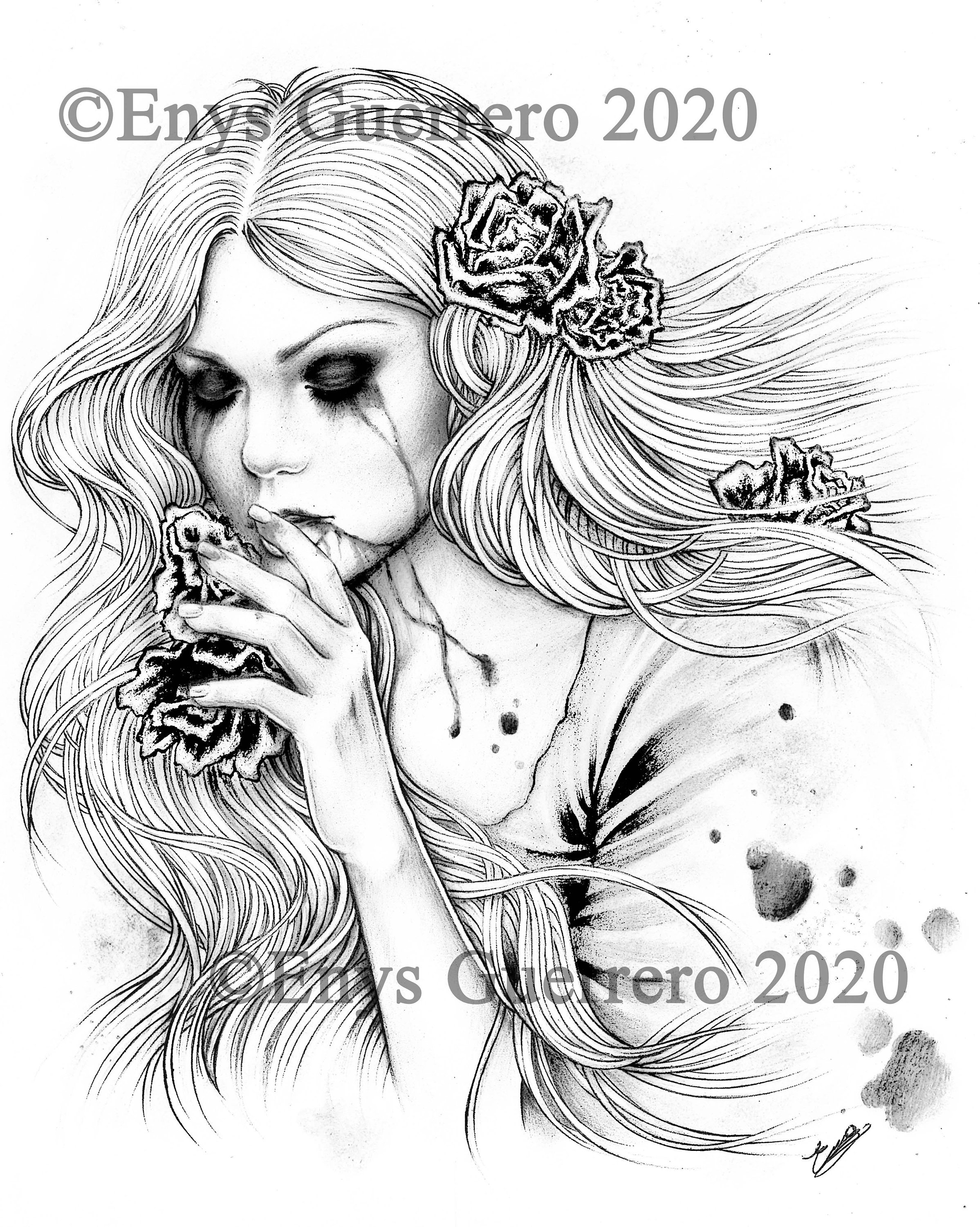 Dark secret coloring page goth fantasy printable download jpg by enys guerrero