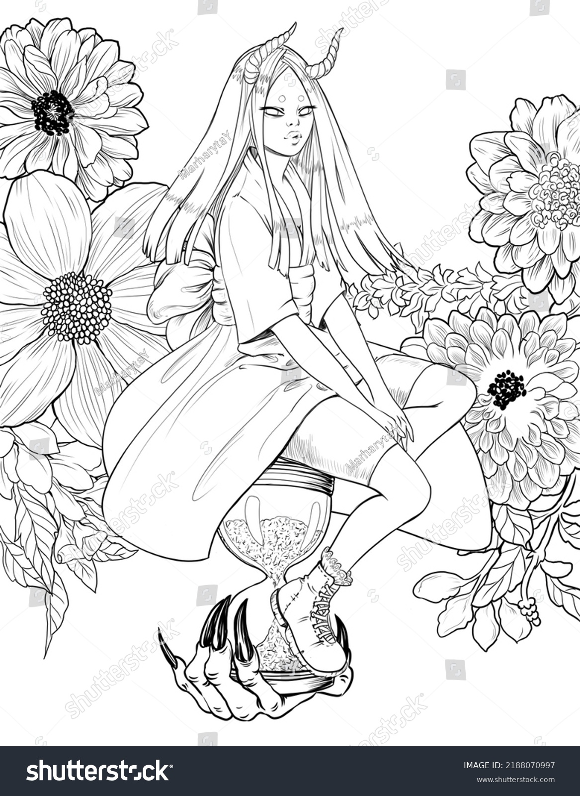 Dark fantasy anime girl adult coloring stock illustration