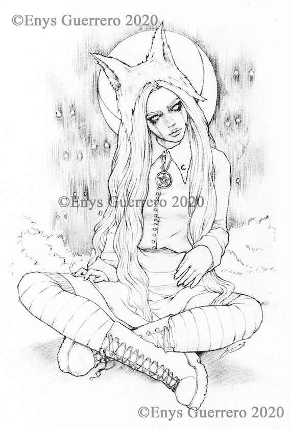 My secret place at night coloring page goth fantasy printable download jpg by enys guerrero