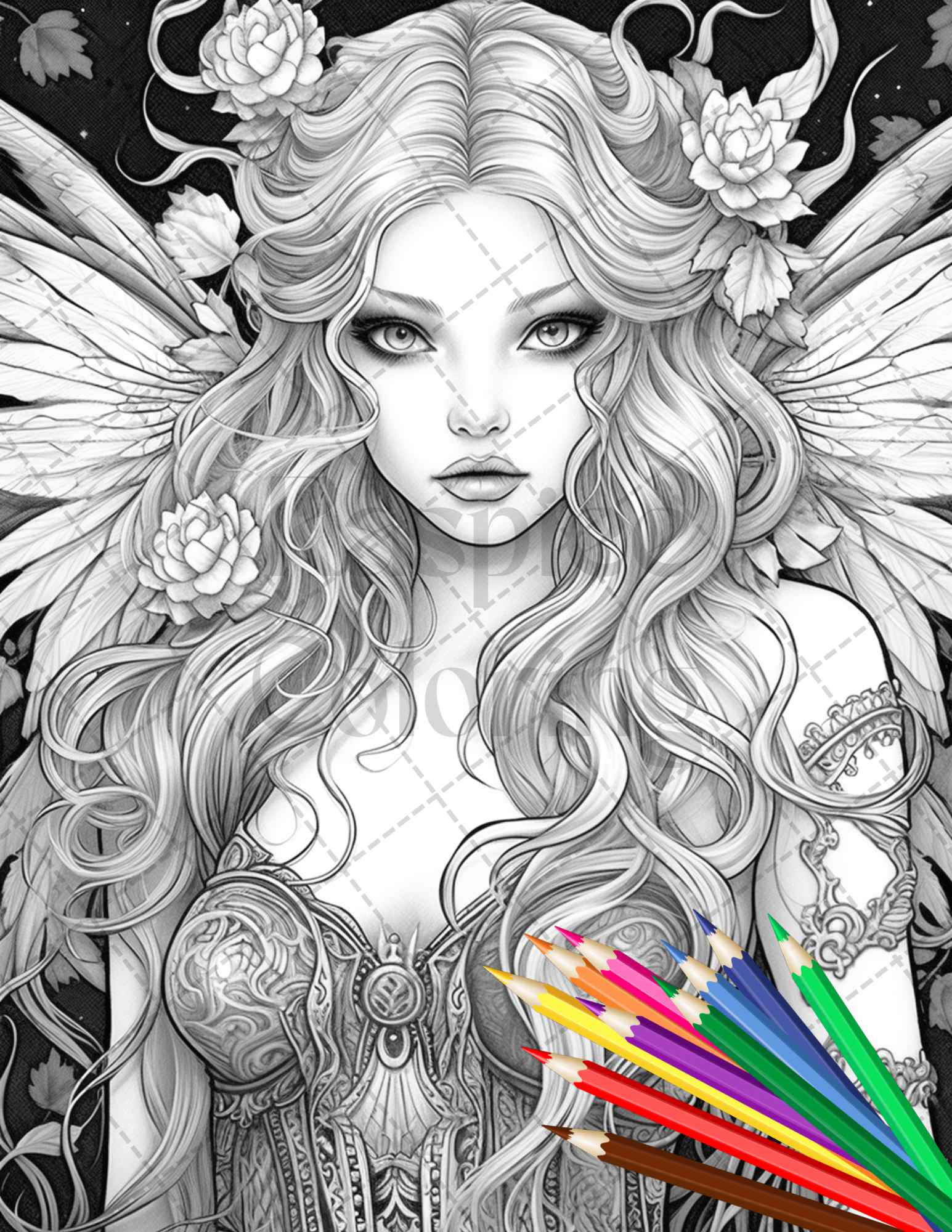Beautiful dark fairy grayscale coloring pages printable for adults pd â coloring