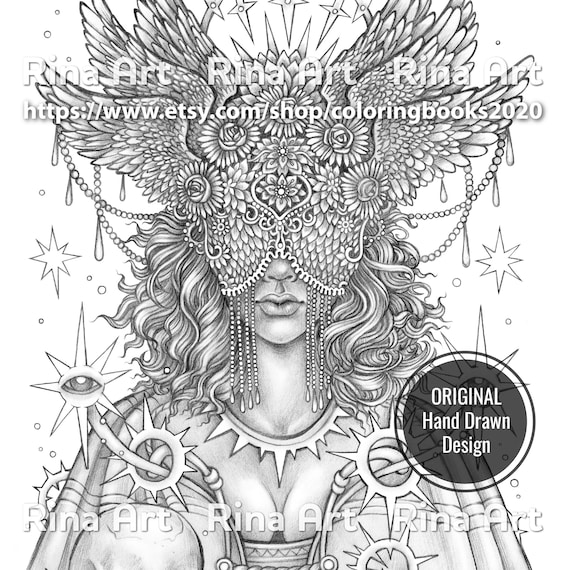 Dark lady coloring page printable adult colouring pages book download grayscale illustration jpg pdf