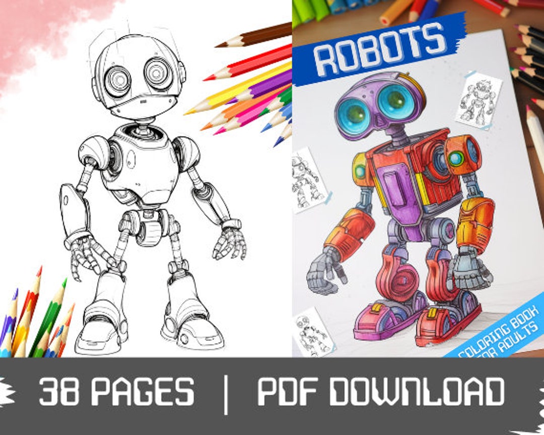 Robots printable coloring pages unique robot illustrations adult teen coloring book pdf instant download