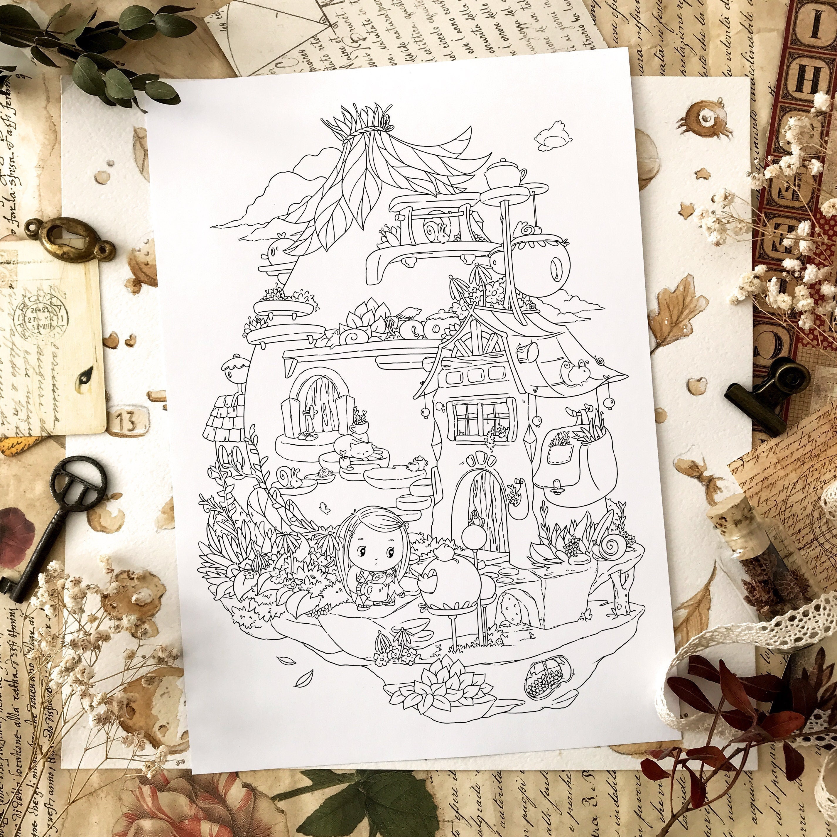 Sunday morning coloring page cute home girl cat snails flowers