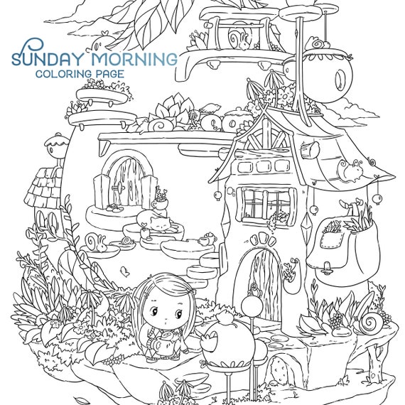 Sunday morning coloring page cute home girl cat snails flowers