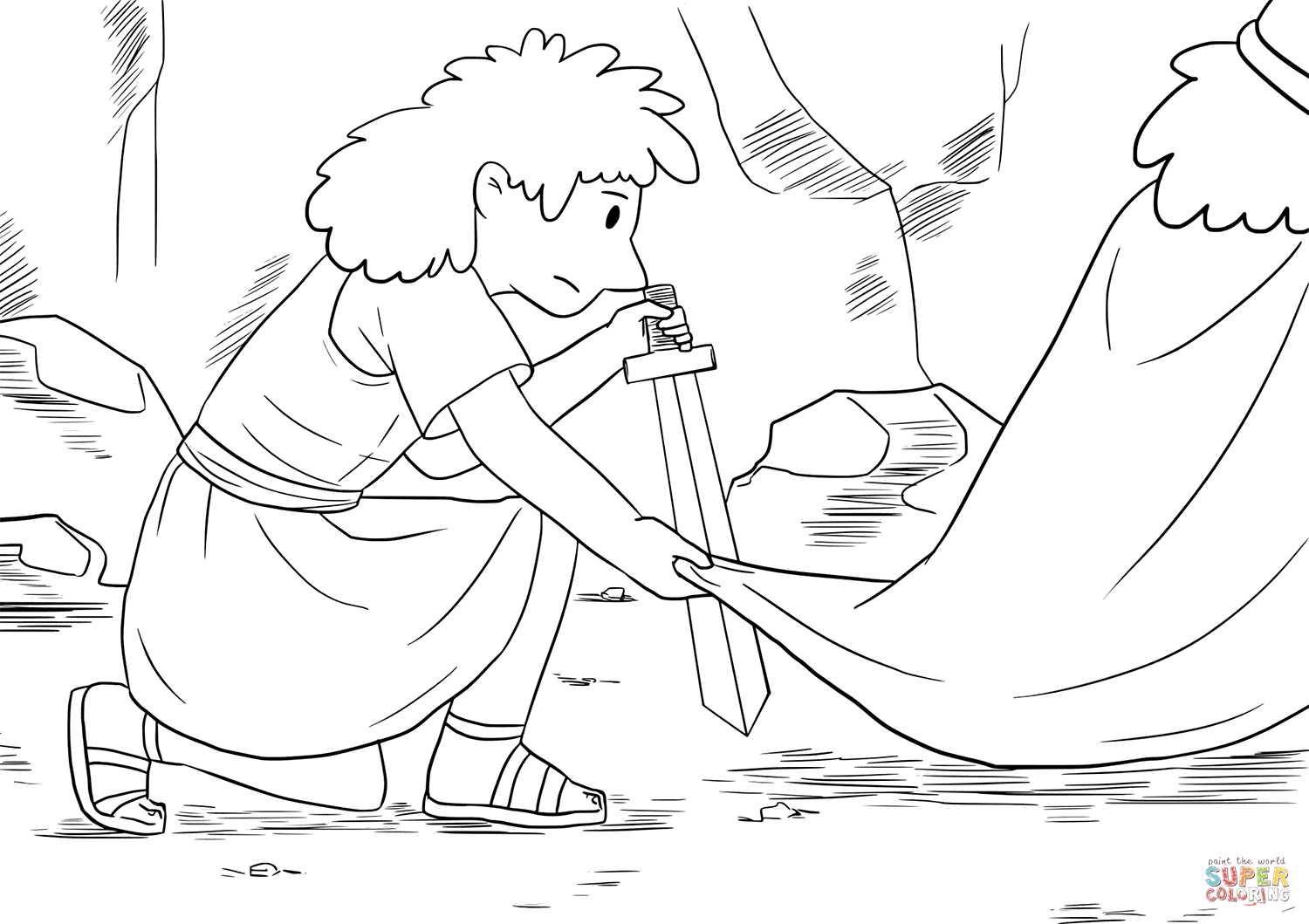 David crept up unnoticed and cut off a corner of sauls robe coloring page free printable coloring pages