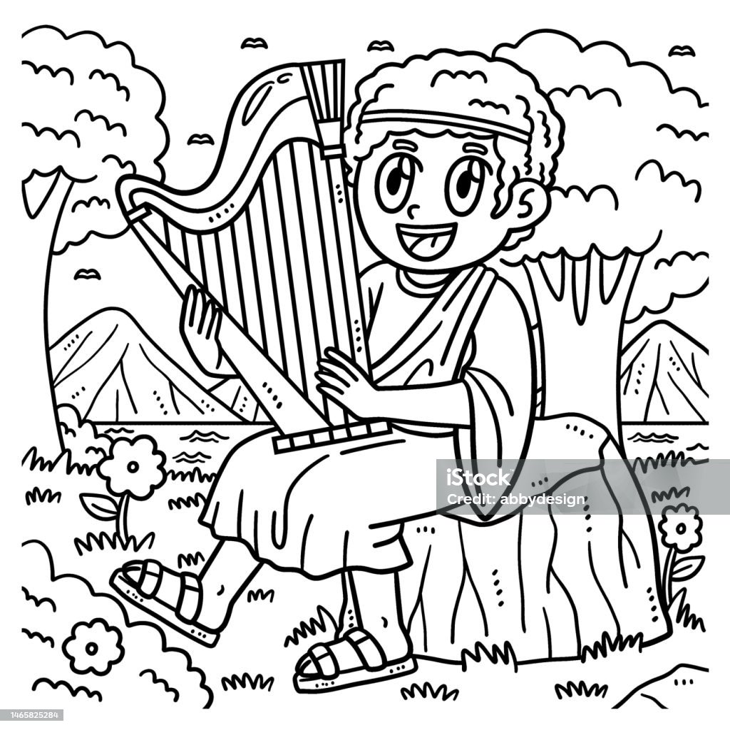 Ilustraciãn de dibujo de christian david tocando el arpa para colorear y mãs vectores libres de derechos de arpa